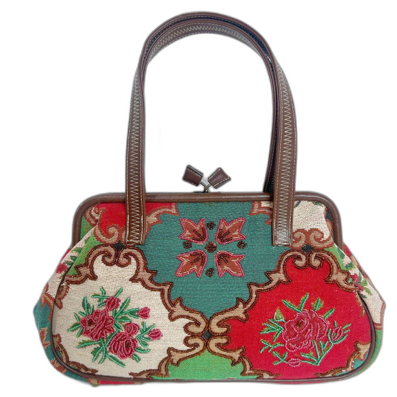 Vintage Bead Embroidered Evening Bag Rose Floral Red Green Handbag - Picture 1 of 7